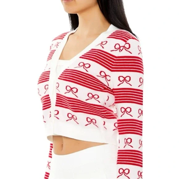 Forever 21 Coquette Striped Bow Ivory Red Knit Cardigan Sweater Size Medium - Picture 1 of 8